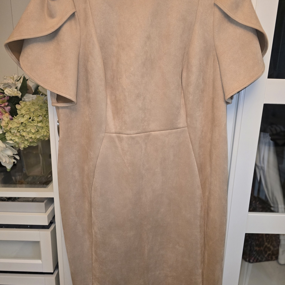 Women's Beige Suede-Look Flutter Sleeve Dress